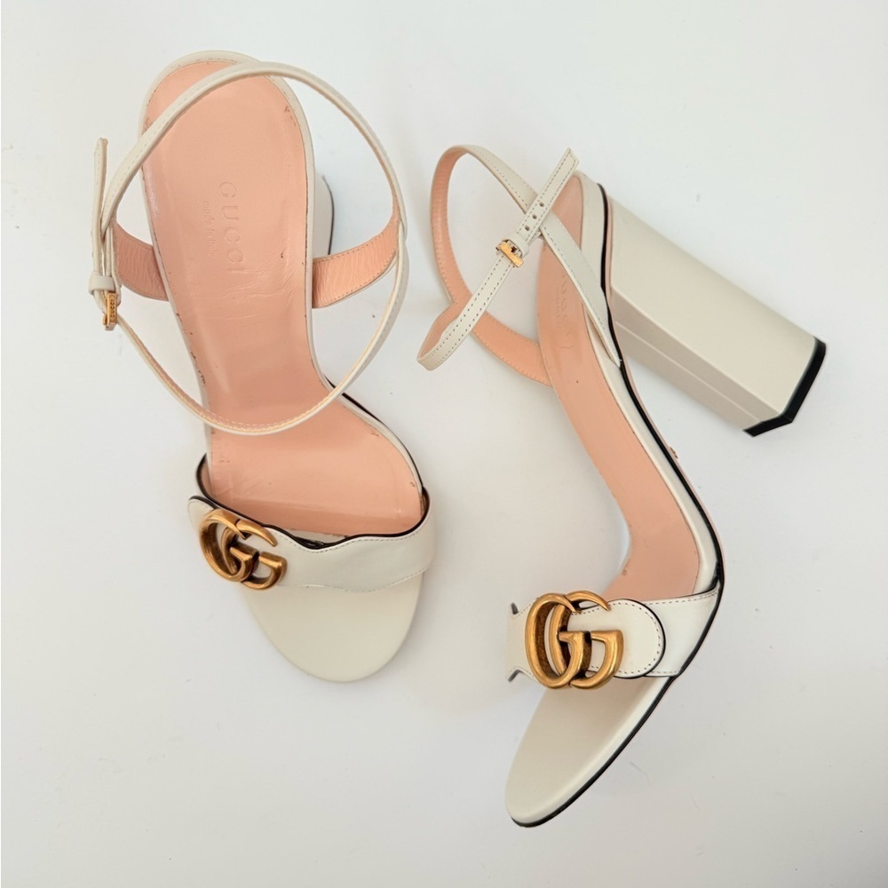 Gucci Mystic White Leather Marmont GG Gold Logo Block Heels Sandals EU 40 US 10
